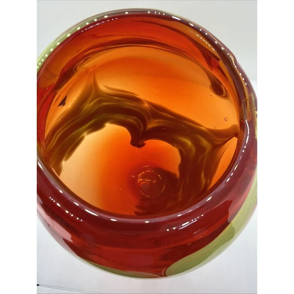Rainbow CASED GLASS  10” Watercolor Heavy Art Glass Hand Blown Vase- Red Green